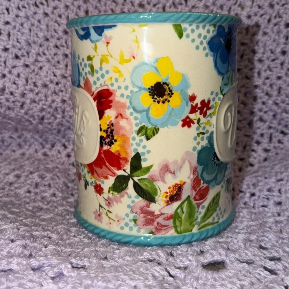 Pioneer Woman Melody Utensil Holder Jar cream teal floral country decor kitchen